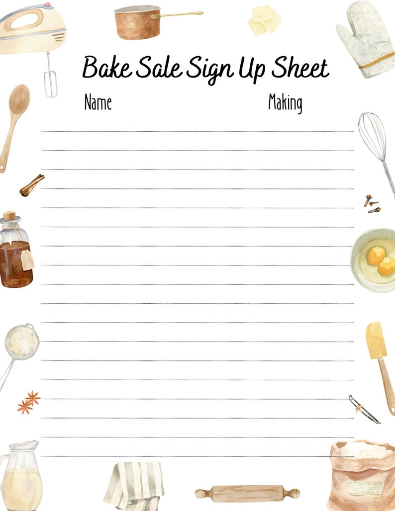 Editable Bake Sale Sign up Sheet - Etsy