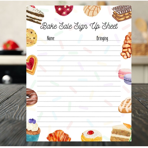 Editable Bake Sale Sign Up Sheet, Digital Download