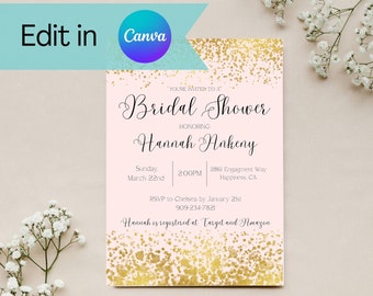 Gold and Blush Bridal Shower Invitation, Digital Download, Whimsical, Confetti, Simple, pink and gold