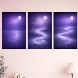 Moon Garden Series - Cosmic Triptych Wall Art – Mystical Moonlight Reflection (Digital Download)