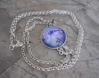 Mystical Magical Handmade Glass Pendant Necklace 24 inch Antique silver tone chain charm and crystal!