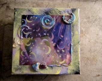 Mystical Magical Moon Star mini Mixed Media Painting with charms, crystals and more