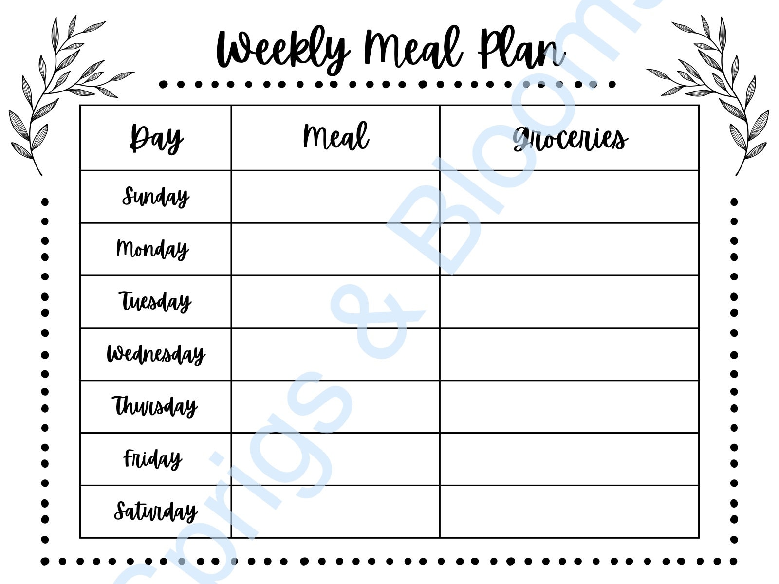 Weekly Meal Planner (Horizontal) - White