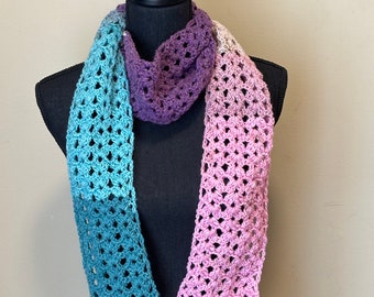 Turquoise, Pink, and Purple Crochet Scarf, Handmade crochet scarf with subtle sparkle