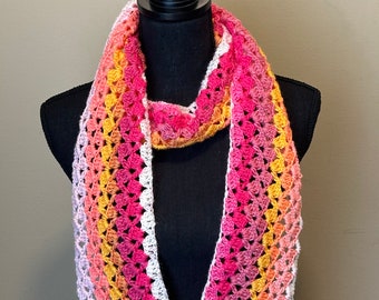Handmade Crochet Scarf, Lightweight Crochet Scarf, Pinks and Yellows
