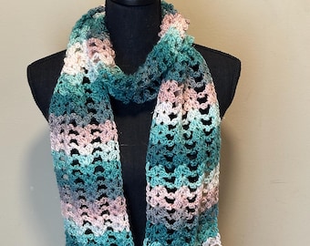 Handmade Crochet Scarf, Mint and Rose
