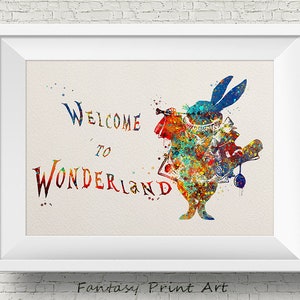 Bienvenido a Wonderland White Rabbit Quote Alicia en el País de las Maravillas Decoración del hogar Decoración del hogar Regalo de cumpleaños Pared colgante Acuarela Impresión Guardería