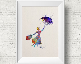 May include: A framed art print featuring a colorful watercolor silhouette of a figure in a dress holding a large umbrella and a rectangular bag. The artwork uses vibrant splashes of blue, red, yellow, and purple paint against a light background.