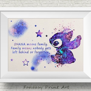 STITCH Lilac Quote Ohana Lilo and Stitch Disney Watercolor illustrations Art Print Giclee Wall Decor Art Home Decor Wall Hanging