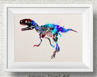 T-Rex Blau, Rot und Lila Kunstdruck Malerei Dinosaurier, Aquarell Druck, Dinosaurier Knochen Kunst, Kinderzimmer Dekor