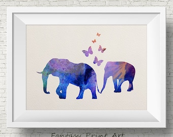 Elephants & Butterflies Art Print Watercolor Painting Wedding Gift idea Wall Art Giclee Wall Decor Art Home Decor Wall Hanging