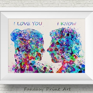 Han Solo en Prinses Leia Kleurrijke Ik hou van je Ik weet Star Wars Aquarel Print Wall Art Wedding Gift Geek Nerd Wall Hanging