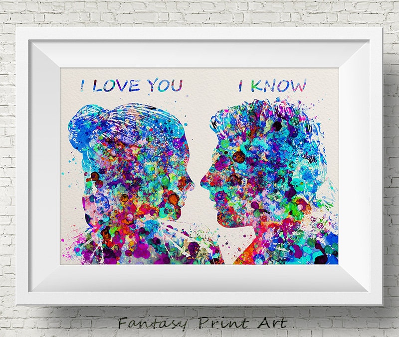 Han Solo y la princesa Leia Colorido Te amo Sé Star Wars Acuarela Imprimir Pared Arte Regalo de boda Geek Nerd Wall Hanging