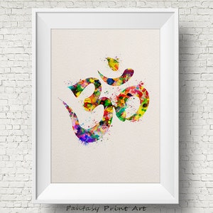 May include: A framed watercolour print of the Om symbol. The symbol is rendered in a vibrant array of colours, including yellow, blue, green, and red. The artwork is set against a cream-coloured background and framed in a white border. The text "Fantasy Print Art" is at the bottom.
