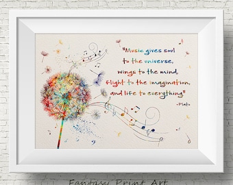 Fleur De Pissenlit Notes De Musique Citation Platon Aquarelle Etsy France