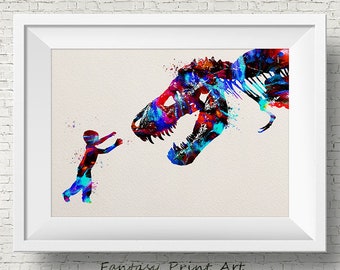 Jongen en Dinosaur T-Rex 2, dinosaurus print, dinosaurus botten, kleurrijke kinderen kunst, aquarel dinosaurus, dino print, dinosaurus kunst, aquarel print