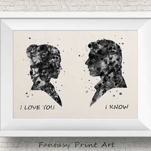 Han Solo en Prinses Leia Zwart-wit Ik hou van je Ik weet Star Wars Aquarel Print Wall Art Wedding Gift Geek Nerd Wall Hanging