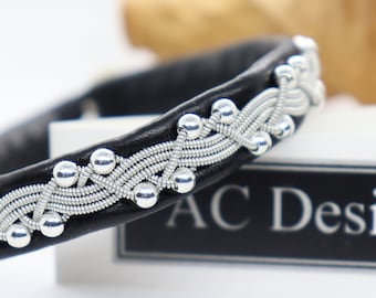 Handmade Sami Leather Bracelet TRIMA | Pewter Wire and Sterling Silver beads | Reindeer Antler Button | Swedish jewelry