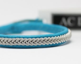 Sami bracelet GROA genuine leather | pewter wire fishbone braid | handmade lapland jewelry | viking style