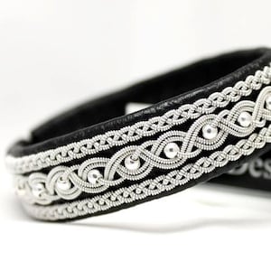 Sami bracelet NANNA handmade with genuine leather, tin wire braids with sterling silver beads, unique jewelry for woman by AC Design Sweden