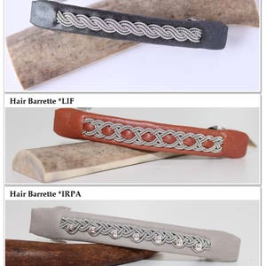 Hair clip in reindeer leather and tin wire braids. Handmade in Sweden by AC Design.