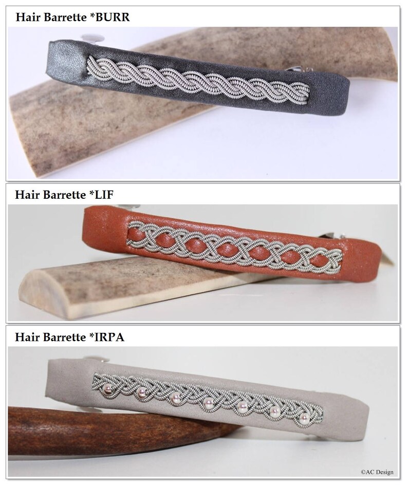 Hair clip in reindeer leather and tin wire braids. Handmade in Sweden by AC Design.