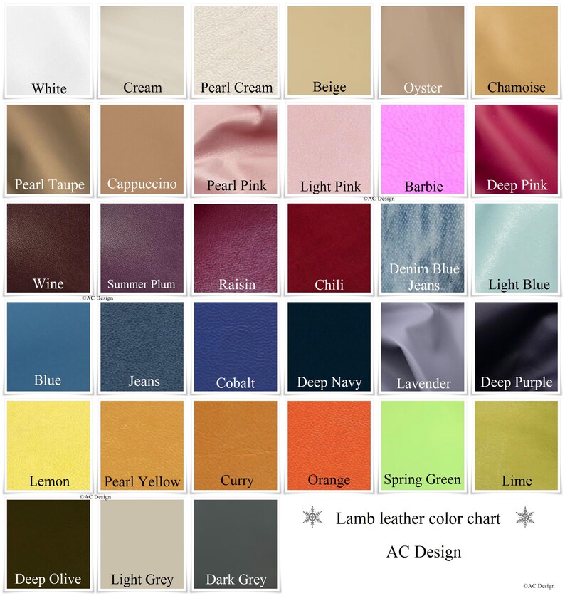 Lamb leather color chart with 33 stylish colors for your hair barrette.