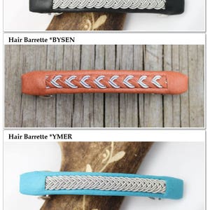 Hair clip in reindeer leather color Black, Nature Brown and Aqua and tin wire braids. Handmade in Sweden by AC Design.
