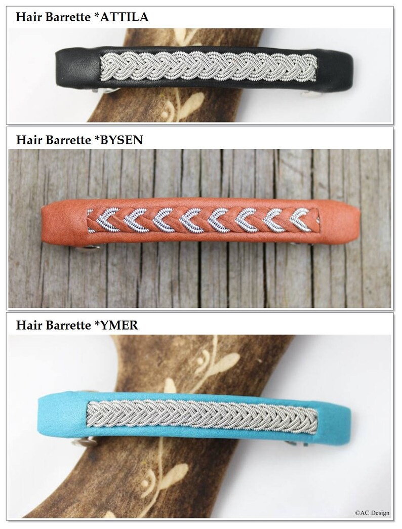Hair clip in reindeer leather color Black, Nature Brown and Aqua and tin wire braids. Handmade in Sweden by AC Design.