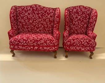 1/12th 1:12 dolls house scale.   Wingbacked sofa and  chaise. Handmade. Pan Miniatures.