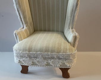 1/12th 1;12 dolls house scale  Wing backed armchair  Handmade Pan Miniatures  Pretty ladies chair