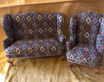 1/12th 1:12 dolls house scale.   Wingbacked sofa and  chair Handmade. Pan Miniatures.
