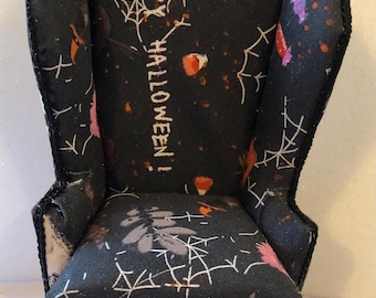 1/12th scale dolls house . Wingbacked chair spooky Halloween . Handmade Pan Miniatures .