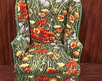 1/12th 1;12 dolls house scale  Wing backed armchair  .Poppies fabric .Handmade  Pan Miniatures
