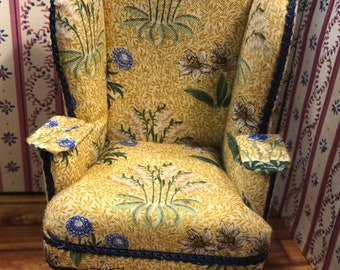 1/12th 1;12 dolls house scale  Wing backed armchair  Handmade Pan Miniatures  Pretty ladies chair