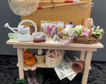 1/12th 1:12  dolls house scale  .Gardeners workbench display . Handmade Pan Miniatures  Kattycorner.