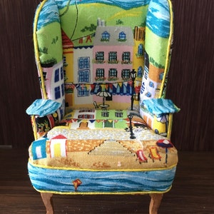 Dolls house 1/12th scale    High winged back armchair    Seaside fabric