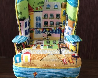 Dolls house 1/12th scale    High winged back armchair    Seaside fabric