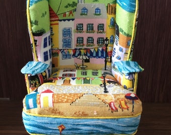 Dolls house 1/12th scale    High winged back armchair    Seaside fabric Beach hut. Pan Miniatures
