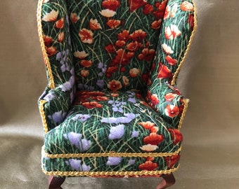 1/12th 1:12 dolls house scale  Wingbacked  armchair   Poppy design  Handmade  Pan Miniatures