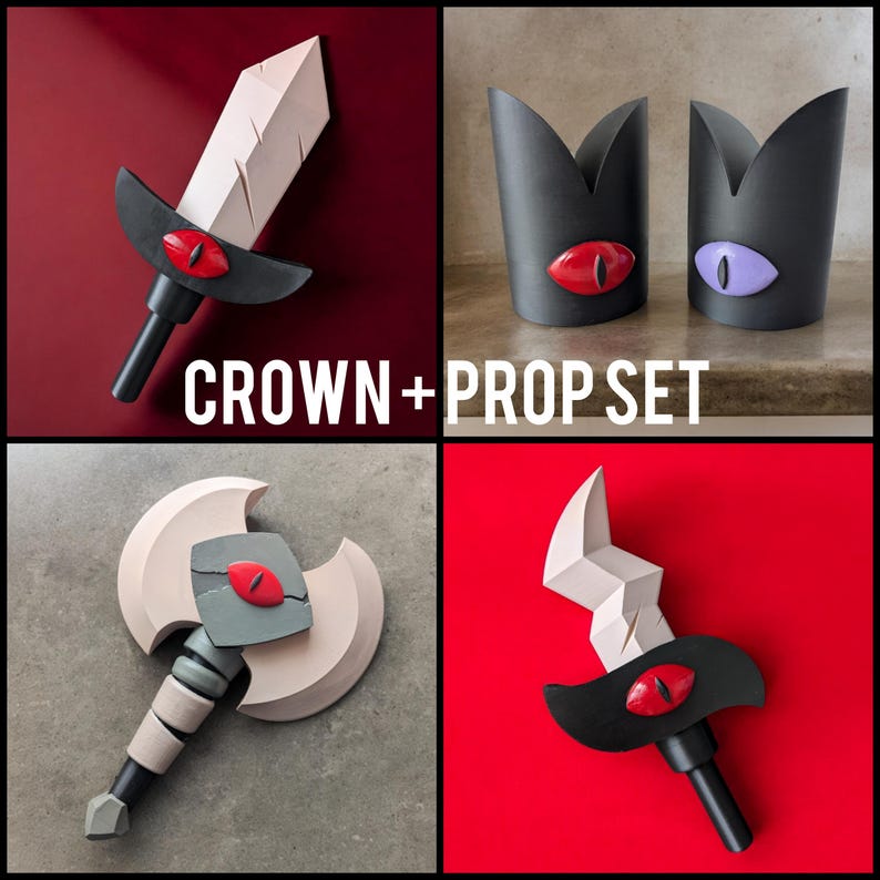 May include: A set of props including a sword, two crowns, and an axe. The sword and axe have red eye details. The crowns are black with red and purple eye details. The text "CROWN + PROP SET" is in white.