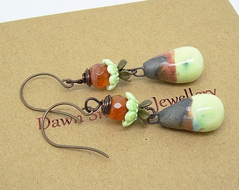 Ceramic Earrings, Agate Earrings, Green Earrings, Brown Earrings, Unique Earrings, Dangle Earrings, Ceramic Drops, One of a Kind Jewellery