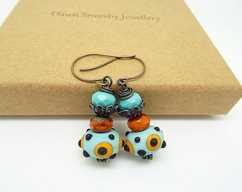 Lampwork Glass Earrings, Czech Glass Earrings, Turquoise Earrings, Orange Earrings, Black Earrings, Unique Earrings, Bohemian Jewellery.