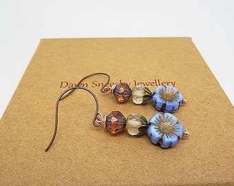 Czech Glass Earrings, Floral Earrings, Pansy Earrings, Blue Earrings, Brown Earrings, Unique Earrings, Faceted Rondelle Earrings, Handmade.