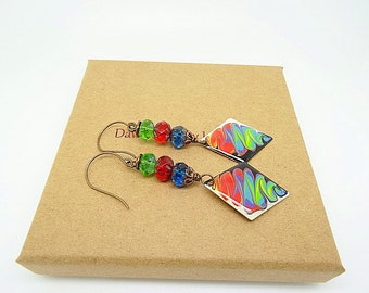 Handmade Enamel Drop Earrings,Czech Glass Earrings, Blue Earrings, Red Earrings, Green Earrings, Unique Earrings, Bohemian Earrings, OOAK.