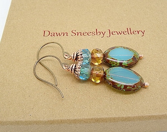 Czech Glass Earrings, Aqua Earrings, Copper Coloured Earrings, Unique Earrings, Table Cut Beads, OOAK Earrings, Faceted Rondelle Earrings.