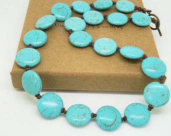 Turquoise Necklace, Coin Shaped Necklace, Czech Glass Necklace, Beaded Necklace, Gemstone Necklace, Unique Necklace, Handmade Necklace.