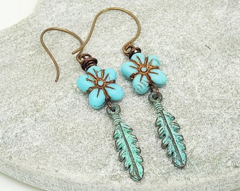 Czech glass earrings, Turquoise earrings, Green Earrings, Daisy Earrings, Verdigris Leaf Earrings, Floral Earrings, Unique Earrings, OOAK.