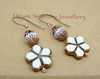 Czech Glass Earrings, Floral Earrings, Flower Earrings, Pansy Earrings, Bicone Earrings, Winter White Earrings, Brown Earrings, Handmade.