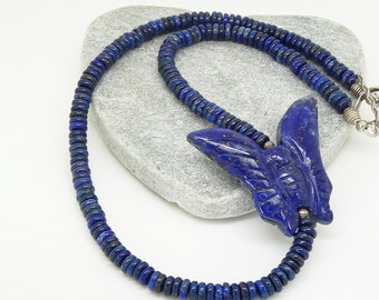 Lapis Lazuli Necklace, Statement Necklace, Butterfly Necklace, Semi Precious Stone Necklace, Rondelle Bead Necklace, Unique Necklace,